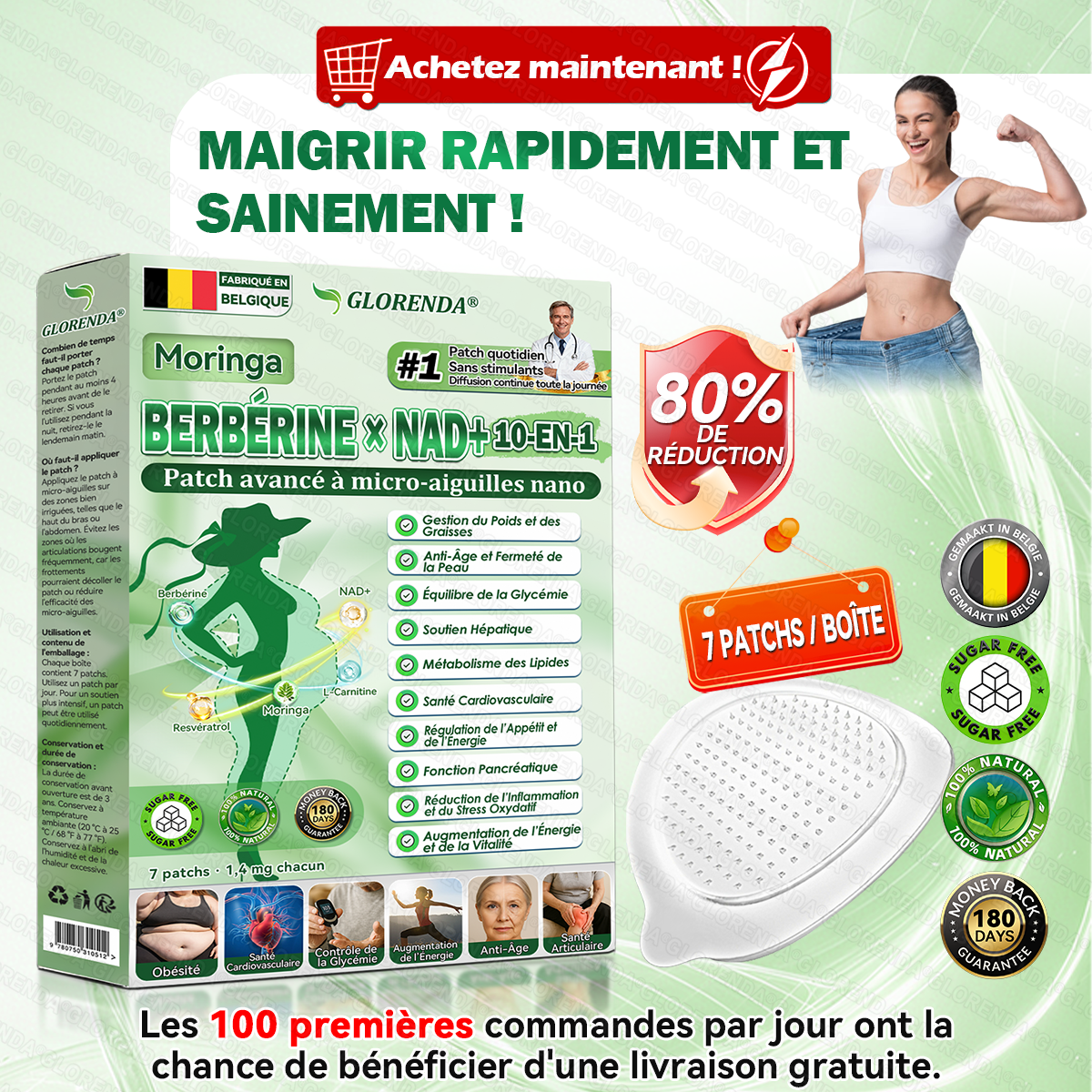Boutique officielle 🌹 𝐆𝐋𝐎𝐑𝐄𝐍𝐃𝐀® Moringa · Berbérine + NAD+ – Patch Microneedle Nano Avancé 10-en-1 (1×/jour, résultats visibles en 7 jours) | Obésité, relâchement cutané, apnée du sommeil, articulations, etc.