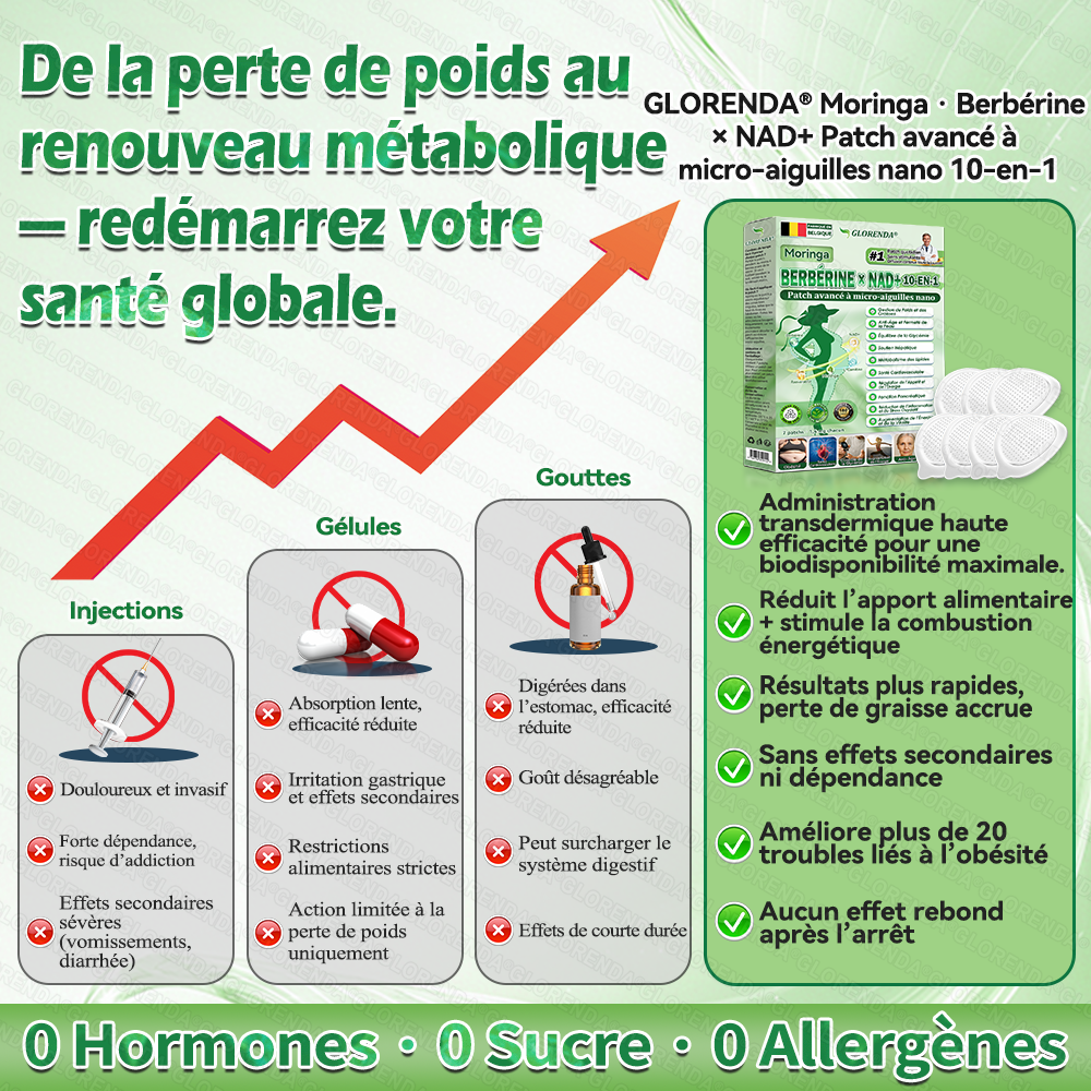 Boutique officielle 🌹 𝐆𝐋𝐎𝐑𝐄𝐍𝐃𝐀® Moringa · Berbérine + NAD+ – Patch Microneedle Nano Avancé 10-en-1 (1×/jour, résultats visibles en 7 jours) | Obésité, relâchement cutané, apnée du sommeil, articulations, etc.